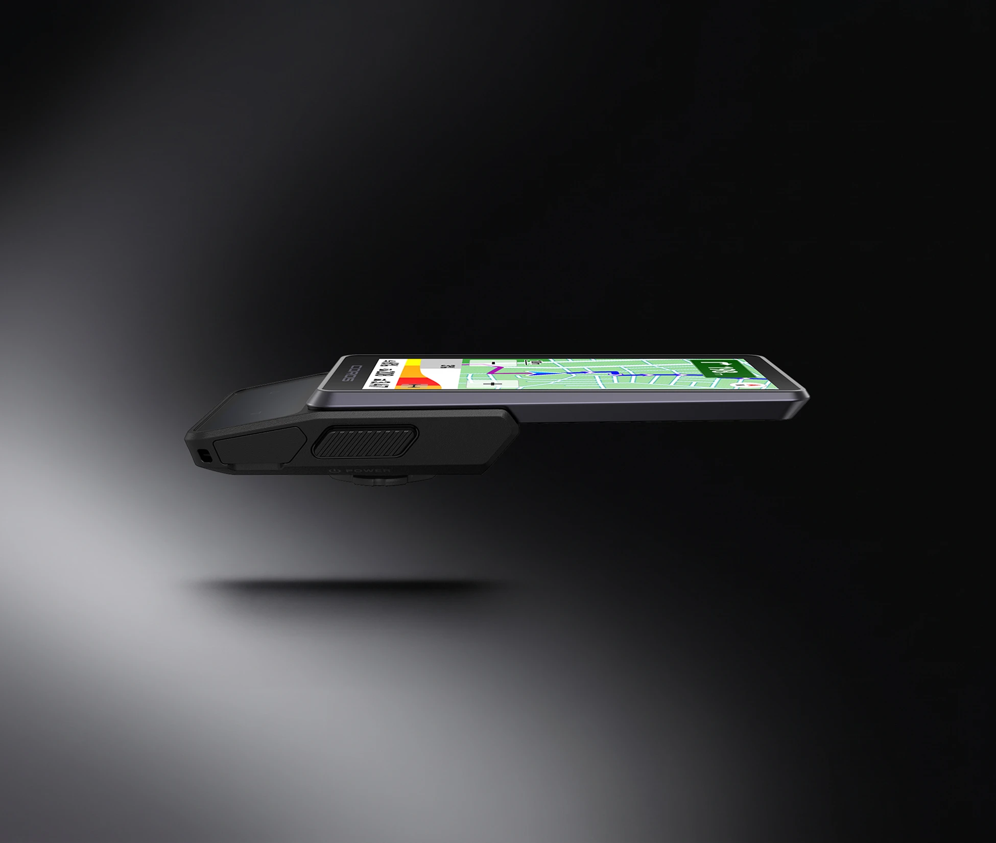 The COROS Dura 2 Solar seen in profile, map screen on, on a black background