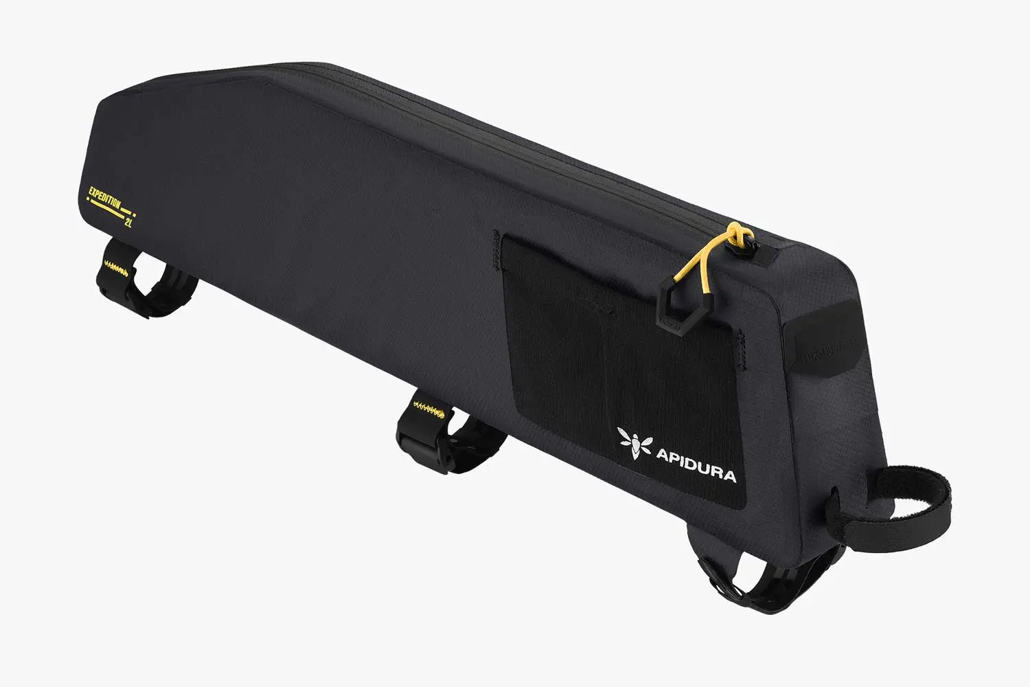 Sacoche Apidura Expedition Long Top Tube Pack vue de trois quarts avec ses sangles et sa poche en filet