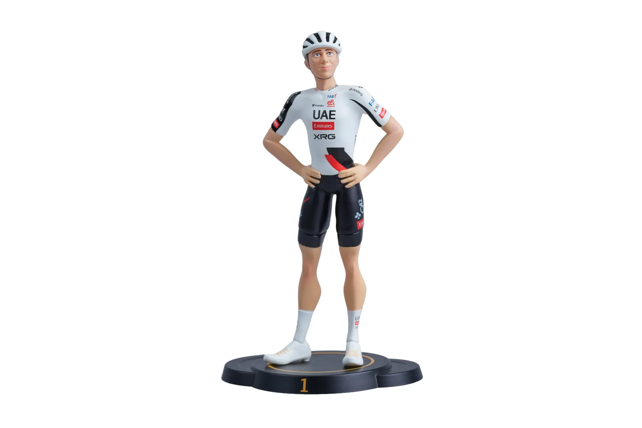 Pogi figurine from the Continental GP5000 S TR collector's edition, in UAE Team Emirates XRG kit, hands on hips, on a base numbered 1